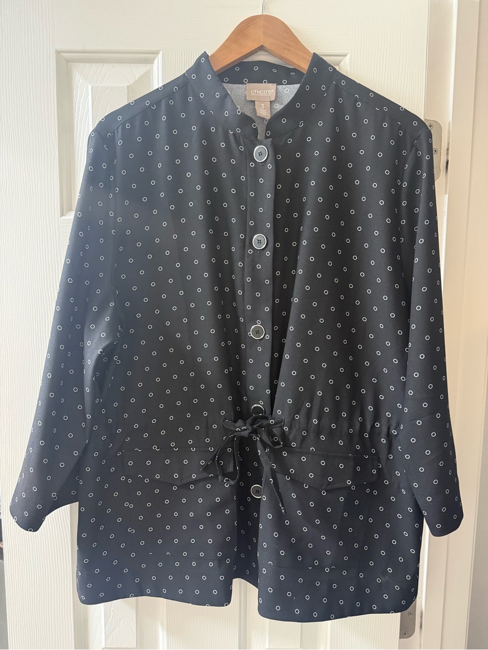 Chico's Black White Polka Dot Drawstring Waist Utility Jacket Blouse Size 3 XL